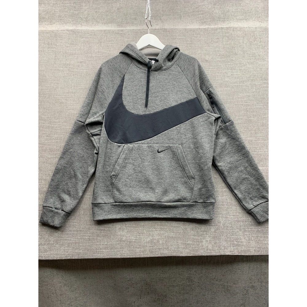 Nike Therma-FIT Hoodie Mens Small Heather Gray Logo Fleece Lined Raglan Sleeve